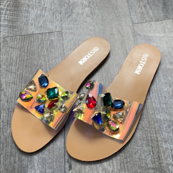 Slippers slides with rhinestones. Worn once - Picture 3 of 4